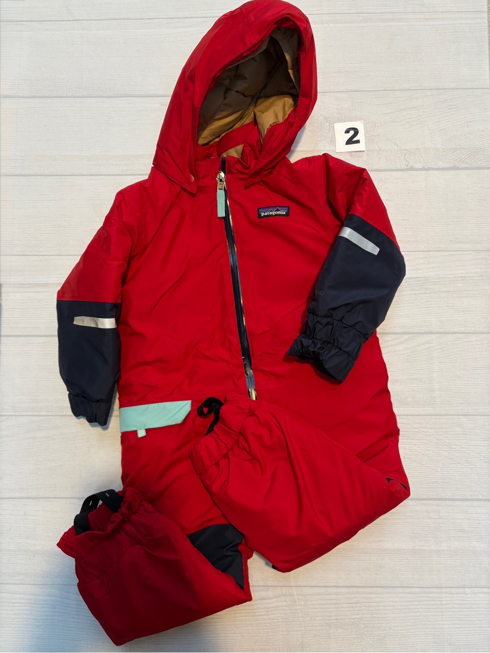 Patagonia Red and Navy Kids' Hooded Insulated Snow Suit with Mint Accent